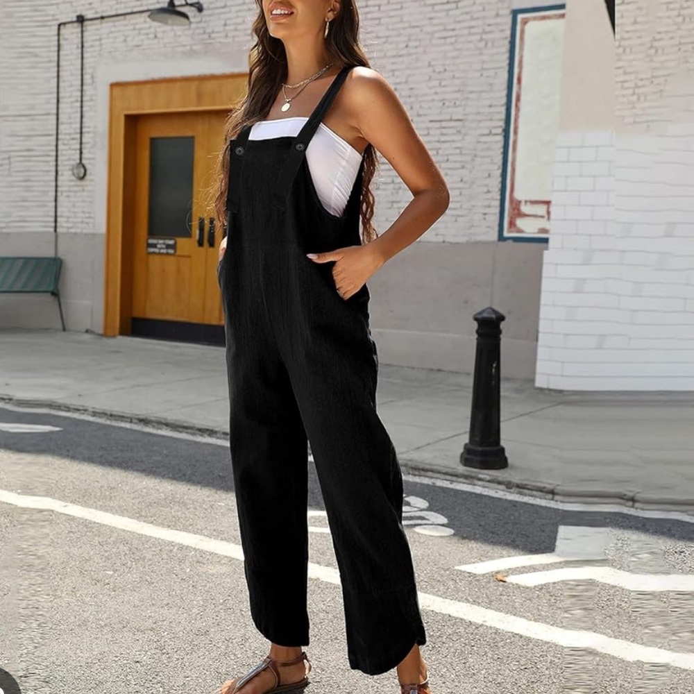 Arula A Beautiful Soul Black Slouchy Raw Hem Wide Leg Capri Linen Overalls